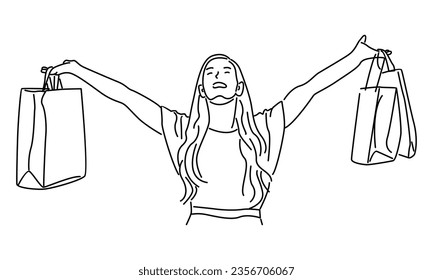 line art of young woman holding paper bags vector illustration