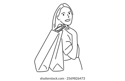 line art of young woman holding paper bags