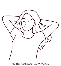 Line art of young woman lying with hands behind head and eyes closed. Represents peaceful mindset, simplicity, rest, and mental clarity