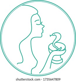 Line art of a young woman and a snake. Icon for beauty clinic, plastic surgery. A snake as a symbol of wisdom and medicine. A girl with long flowing hair and closed eyes holds a snake. Side view