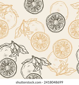 Line art yuzu fruit seamless pattern