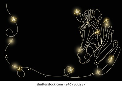 Line Art Zebra Animal with Gold Glitter Stars. Luxury Rich Glamour Invitation Card Template. Zebra Isolated on Black. Shine Gold Light Texture Effect. Glowing Blink Star Symbol Element Gift.	