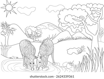 Line Art of Zebras Drinking Water in a Landscape, Black and white line drawing of two zebras drinking from a river or watering hole in a scenic landscape featuring hills, trees, grass, sun, and