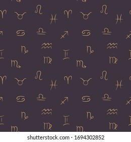 Line art Zodiac symbols in vector. Simple minimalist seamless pattern on dark background