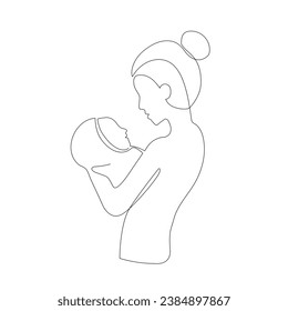 Line art,Continuous lines of mother and newborn baby Line art, human shapes, family,caring for children,love,child love