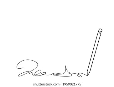 Line art,doodle of signature and pen isolate on white background.Copy space for your text.