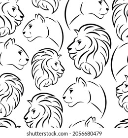 Line arts, vector lions, animals seamless pattern isolated on bright background. Concept for wallpaper, print, cards