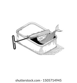  Line artwork about opened sardines can ,Isometric view