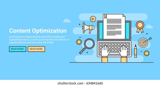 Line artwork concept for content optimization, SEO marketing, social media promotion flat vector banner with marketing icons