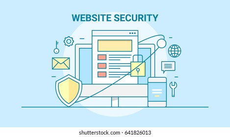Line artwork for Website Security, protection, safe browsing concept with icons