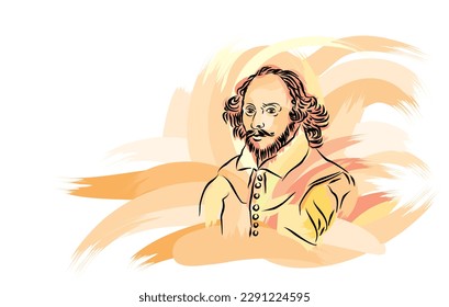 A line artwork of William Shakespeare on colorful artistic brushstrokes