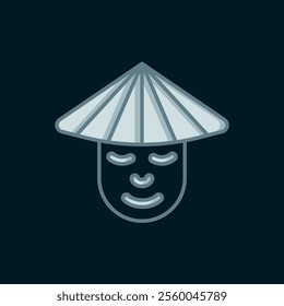 Line Asian or Chinese conical straw hat icon isolated on black background. Chinese man. Flat filled outline style with shadow. Vector