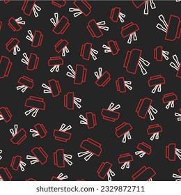 Line Asian noodles in bowl and chopsticks icon isolated seamless pattern on black background. Street fast food. Korean, Japanese, Chinese food.  Vector