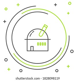 Linie Astronomische Sternwarte Symbol einzeln auf weißem Hintergrund. Observatorium mit einem Teleskop. Wissenschaftliche Einrichtung. Farbiges Rahmenkonzept. Vektorgrafik