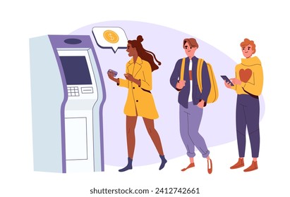 Line to ATM concept. Man and women waiting in que to terminal. Banking clients wants to get cash. Electronic transfers and transactions, digital money. Cartoon flat vector illustration