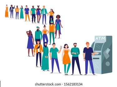 Line to ATM. People stand in queue, crowd waiting in line to withdraw money from bank card using ATM machine. Banking payment queueing, character wait for terminal transaction flat vector illustration