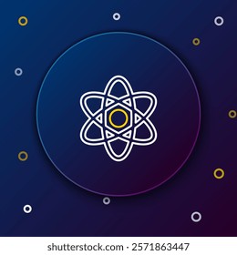 Line Atom icon isolated on blue background. Symbol of science, education, nuclear physics, scientific research. Colorful outline concept. Vector