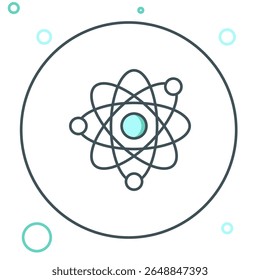Ícone de Átomo de Linha isolado no fundo branco. Símbolo de ciência, educação, física nuclear, pesquisa científica. Conceito de contorno colorido. Vetor