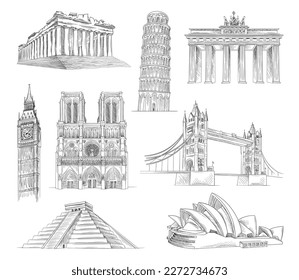 Line attractions of world. English and Australian buildings sketch. Set of landmarks from different countries. Tower of Pisa, Pantheon, Big Ben. Cartoon flat vector illustrations isolated on white