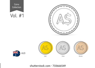 Line Australian Dollar coin vector. Isolated on white background. Simple thin line coin icons for websites, web design, mobile app, infographics.