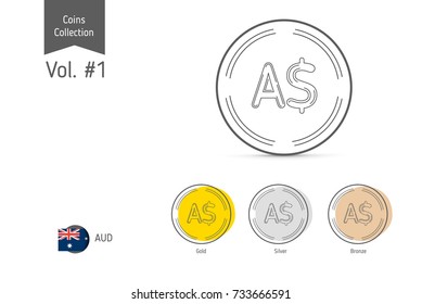 Line Australian Dollar coin vector. Isolated on white background. Simple thin line coin icons for websites, web design, mobile app, infographics.