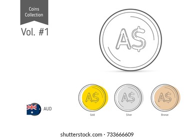 Line Australian Dollar coin vector. Isolated on white background. Simple thin line coin icons for websites, web design, mobile app, infographics.