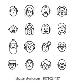 Line Avatar Icon Set, different age man and woman characters