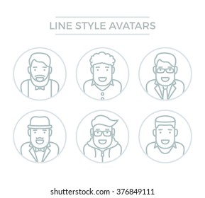 Line avatar icon set. Male persons portraits of hipster, businessman, student. People with faces, human vector illustration