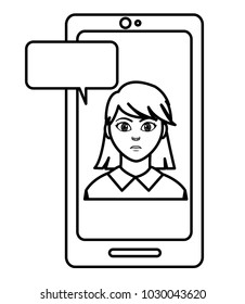 line avatar woman inside smartphone with chat bubble