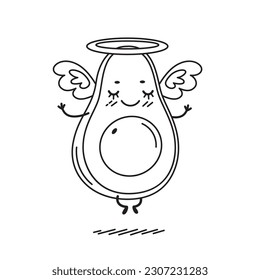 Line Avocado. Avocado Angel Super-food Vector Cartoon Mascot Character. Good nutritious food from organic heavenly source