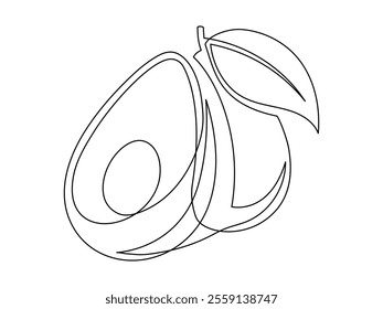 Line avocado with leaf isolated on white background. Simple silhouette of fruit. Hand drawn avocado outline. Vector illustration
