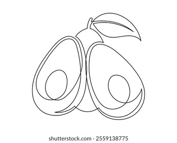 Line avocado with leaf isolated on white background. Simple silhouette of fruit. Hand drawn avocado outline. Vector illustration