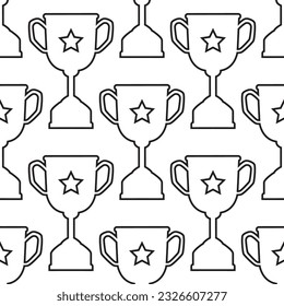Line award cup seamless pattern on white background. Winner trophy symbol, texture template. Championship or competition reward. Sports achievement sign, award, wallpaper decor. Vector illustration