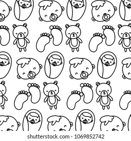 line baby with footprint and bear teddy background