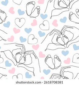 Line baby pattern for baby shower party. Baby seamless pattern In blue and pink colors. Linear heart. Vector Illustration.