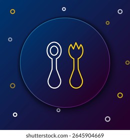 Linha Talheres de plástico do bebê com garfo e ícone da colher isolado no fundo azul. Talheres para crianças. Artigos de jantar para crianças. Conceito de contorno colorido. Vetor