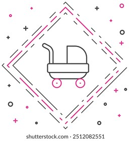 Line Baby stroller icon isolated on white background. Baby carriage, buggy, pram, stroller, wheel. Colorful outline concept. Vector