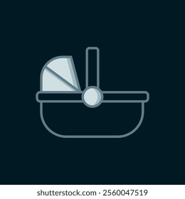 Line Baby stroller icon isolated on black background. Baby carriage, buggy, pram, stroller, wheel. Flat filled outline style with shadow. Vector