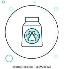 Line Bag of food for dog icon isolated on white background. Dog or cat paw print. Food for animals. Pet food package. Colorful outline concept. Vector