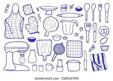 Line baking supplies and ingredients vector collection. Outline hand drawn design elements set for bakery logo, menu and other DIY projects.