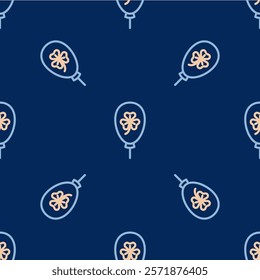 Line Balloon with clover trefoil leaf icon isolated seamless pattern on blue background. Happy Saint Patricks day. National Irish holiday.  Vector