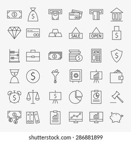 Line Banking Money and Finance Icons Big Set. Vector Set of 36 Line Art Modern Icons for Web and Mobile. Bank and Banking. Money and Finance Items. Business Marketing and Shopping Objects.