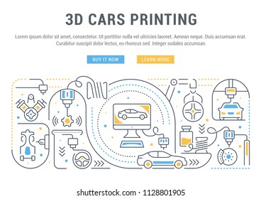 Line banner of 3D cars printing. Vector illustration of the process of creating 3D cars and spare parts.