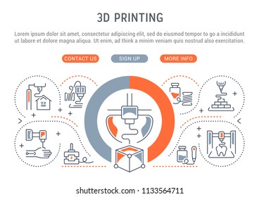 Line banner of 3D printing. Vector illustration of 3D printing process.