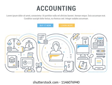 Line banner of accounting. Vector illustration of the office and accounting tools.