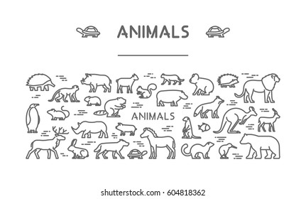 Line Banner For American, African And Australian Animals. Linear Concept For Pets And Farm Animals. Open Path.