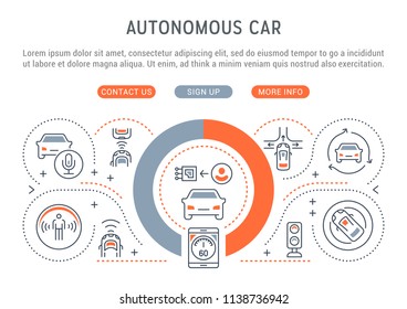 Banner de línea de camión autónomo. Ilustración vectorial de camiones con inteligencia artificial.