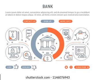 Line banner of bank. Vector illustration of the banking processes.