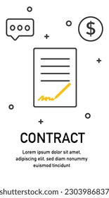 Banner de línea con contrato. Documento, arreglo y acuerdo. Afiche con infografías sobre procesos de negocios. Colaboración, cooperación y asociación. Ilustración vectorial plana