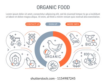 Line banner of food labels. Vector illustration of the organic food and ecological products.